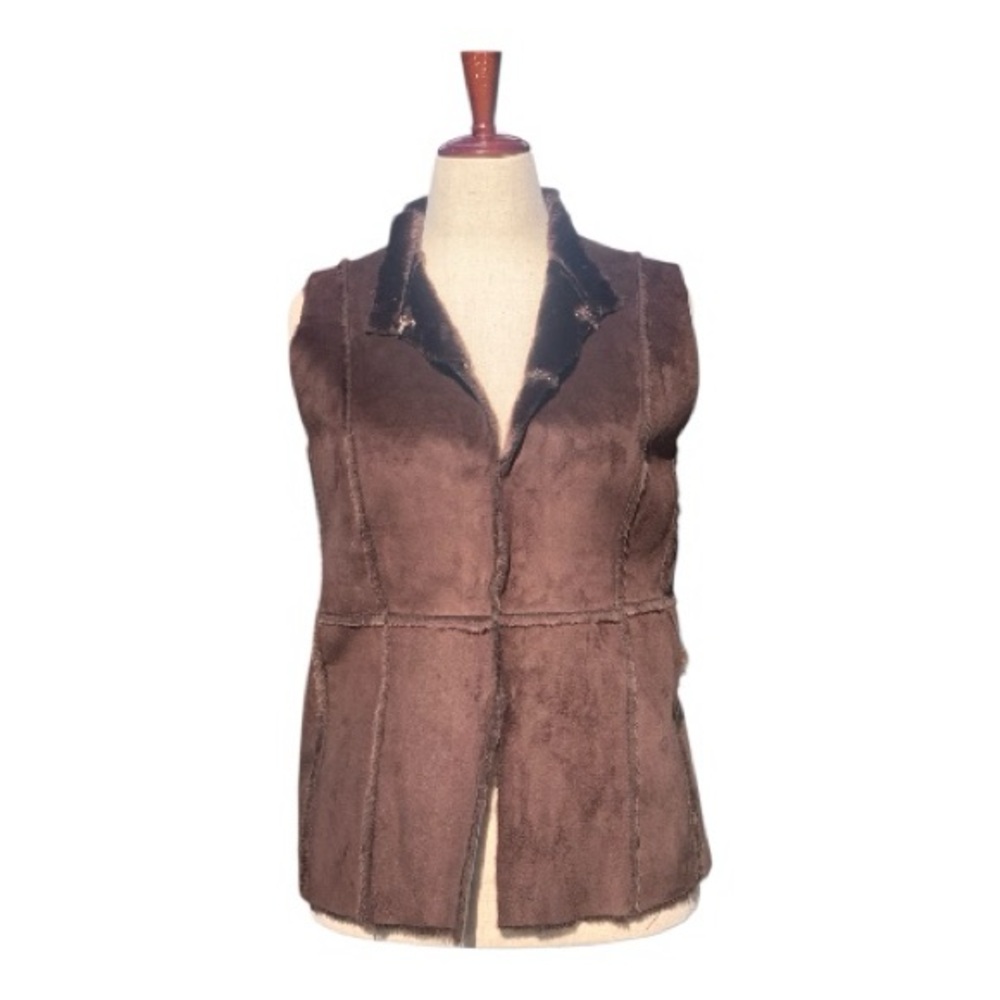Susan Graver Brown Chocolate Faux Suede Vest Sherpa Lining Size XL